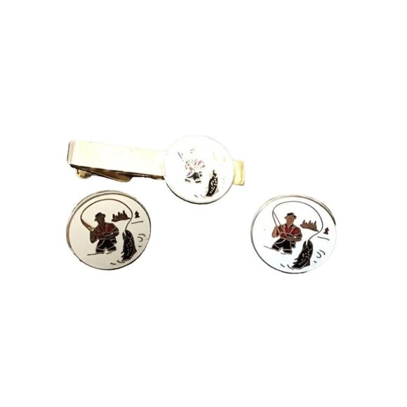 Trout Fly fishing SWANK Vintage Enamel Men's CUFFLINKS and TIEBAR - Picture 1 of 7